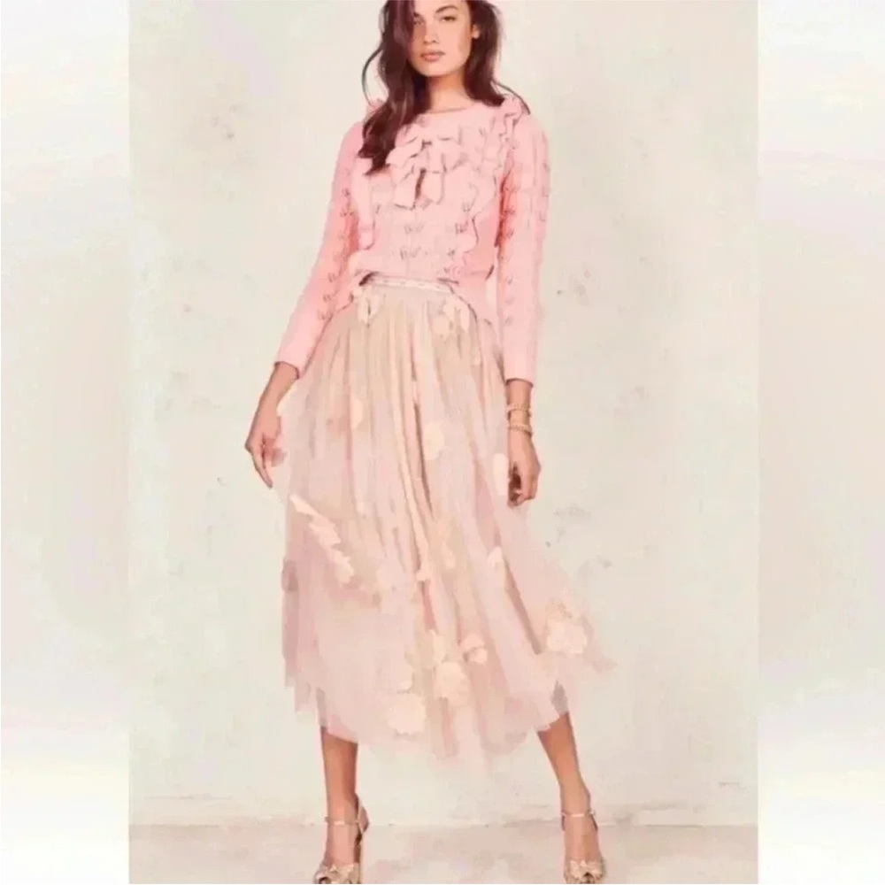 LoveShackFancy Rowena Tulle Midi Embroidered Lace Floral Appliqué Full Blush